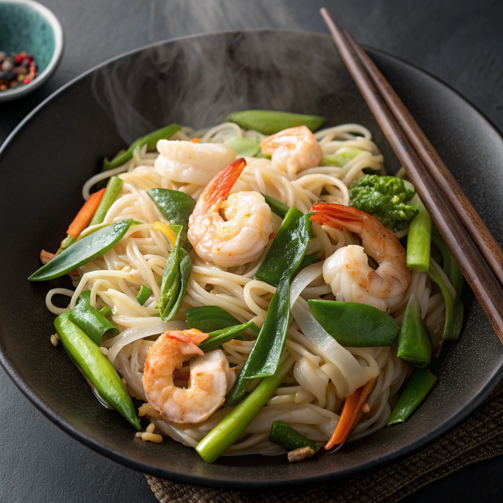 Nouilles de riz sautées aux crevettes, chou chinois et haricots verts 