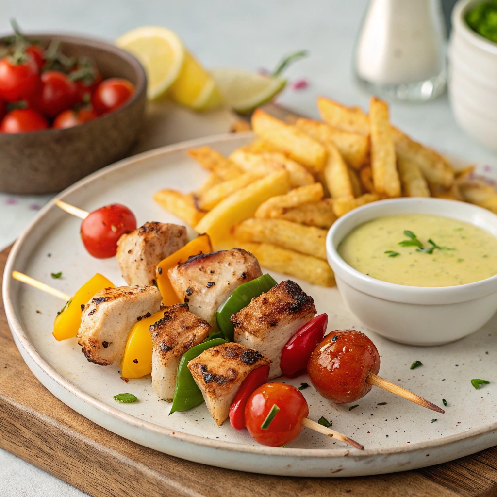 Brochettes de poulet, accompagnées de frites maison (pauvre en FODMAP)