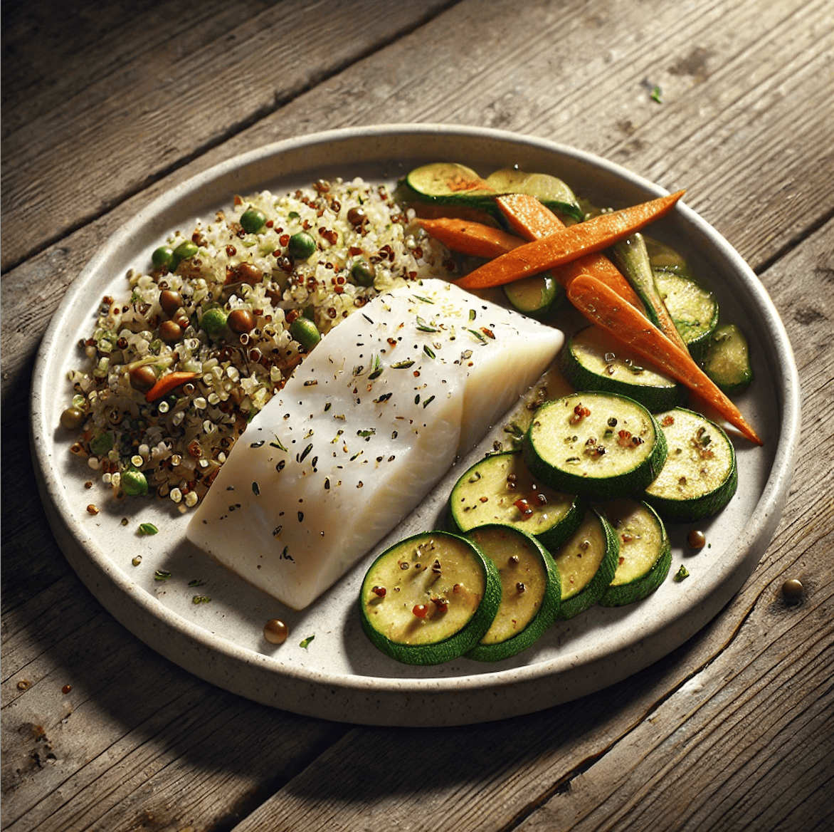 Poisson blanc, quinoa, carottes rôties et courgettes sautées sans FODMAP