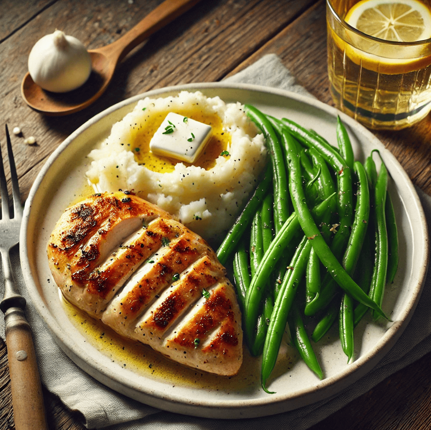 Poulet grillé, purée de pommes de terre et haricots verts sans FODMAP